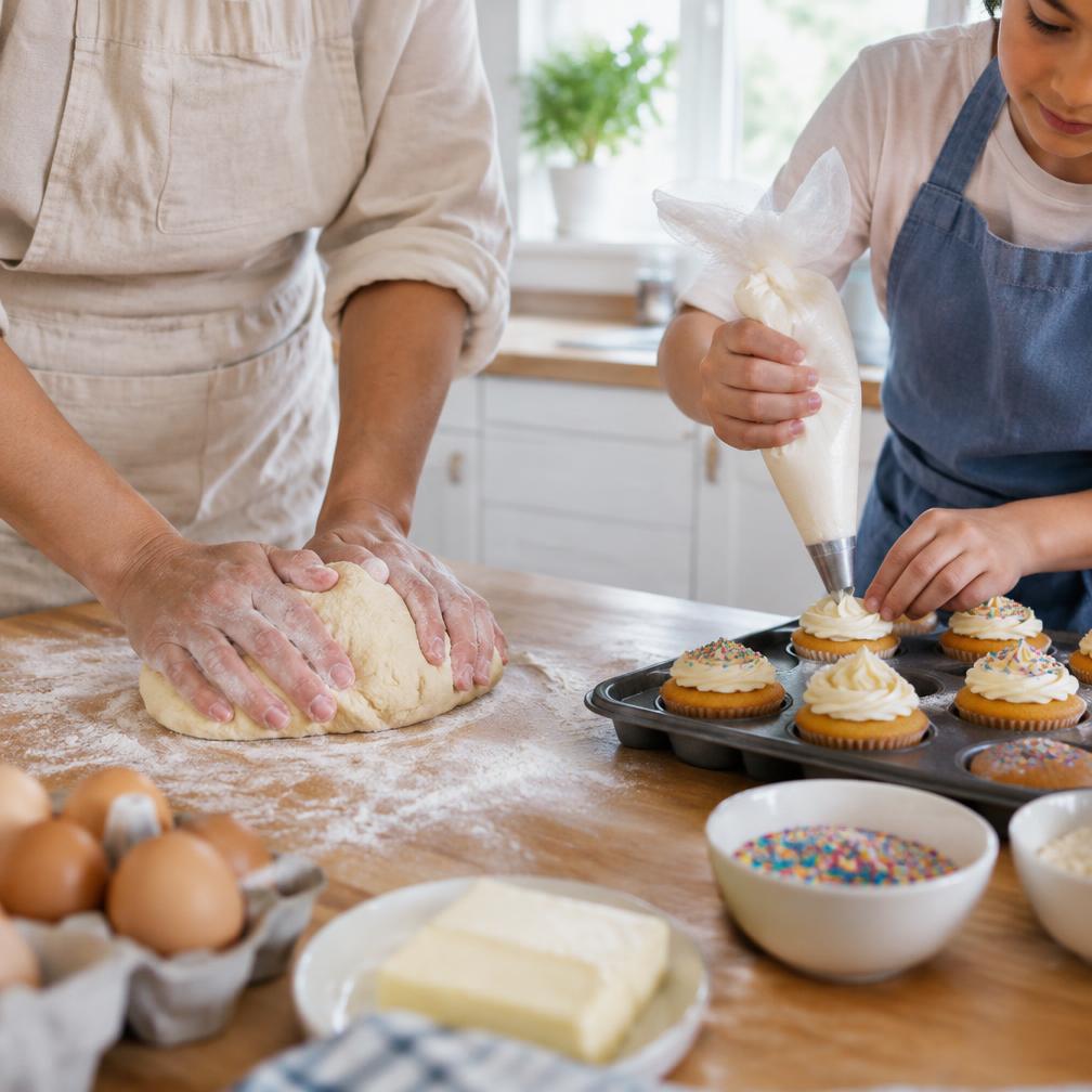 Hands kneading dough and decorating cupcakes in a bright kitchen