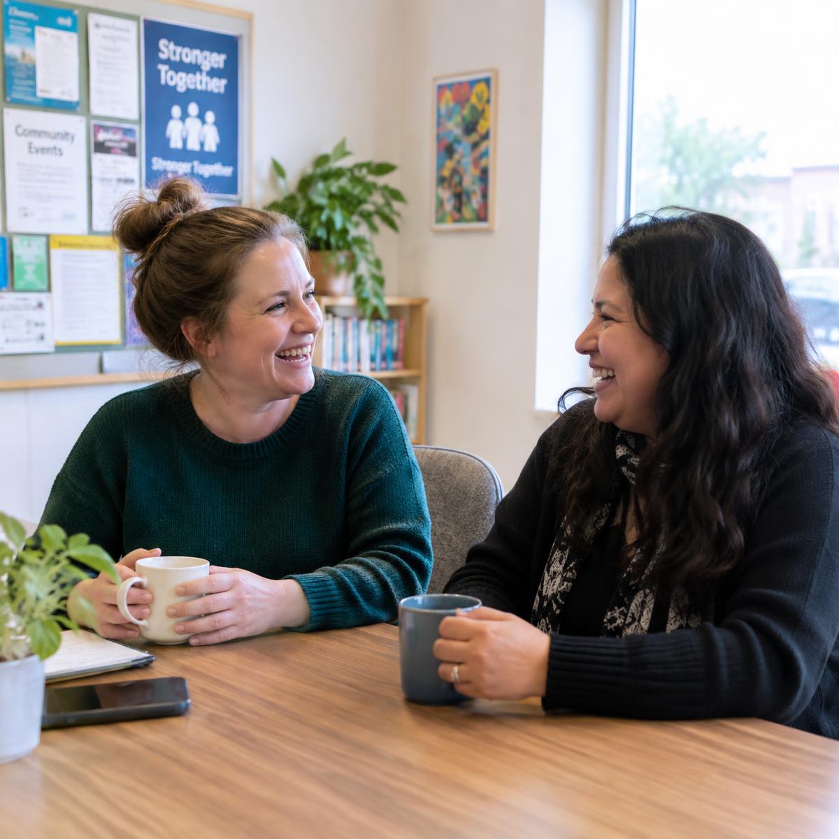 Two friends laughing over coffee (placeholder photo)
