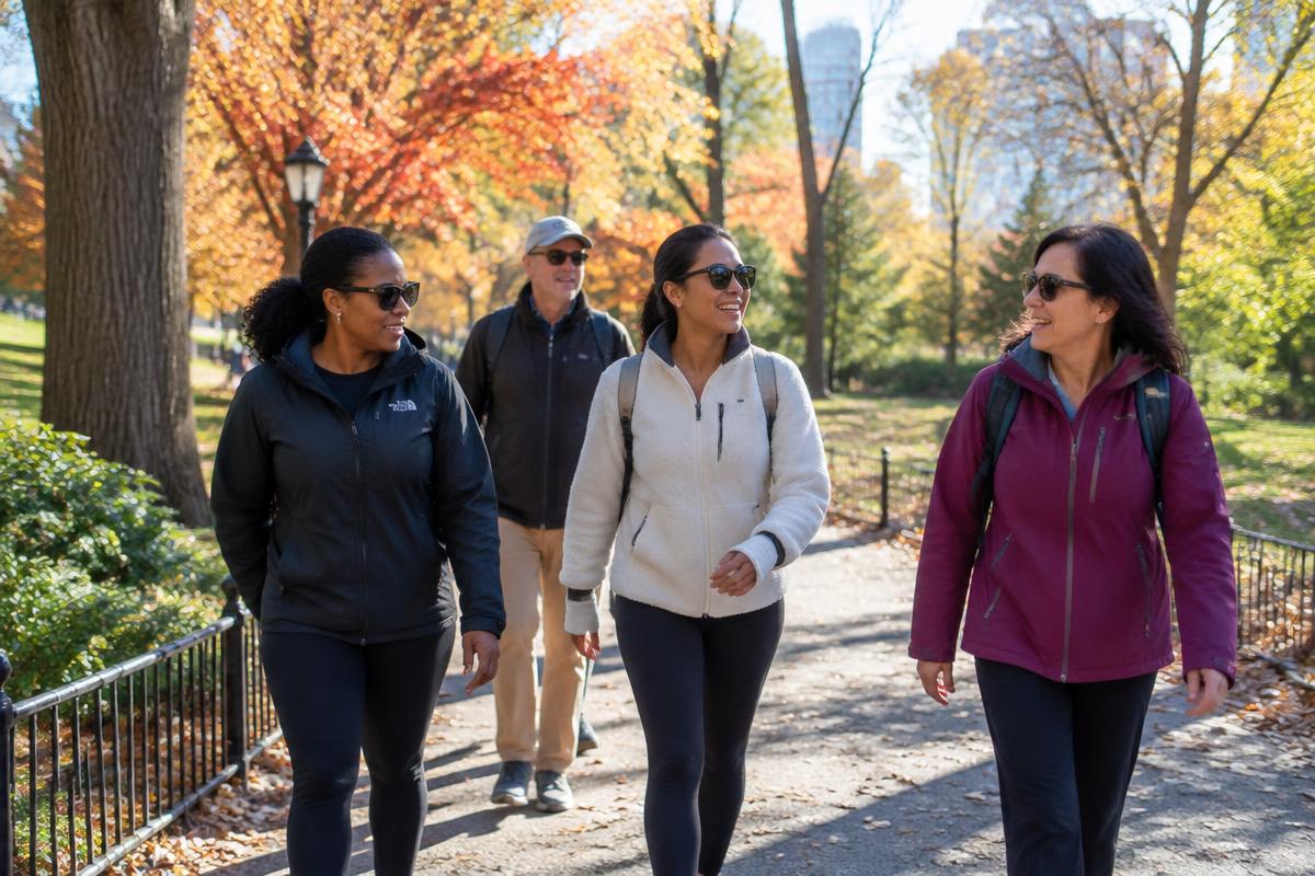 A small group walking together through a sunny park