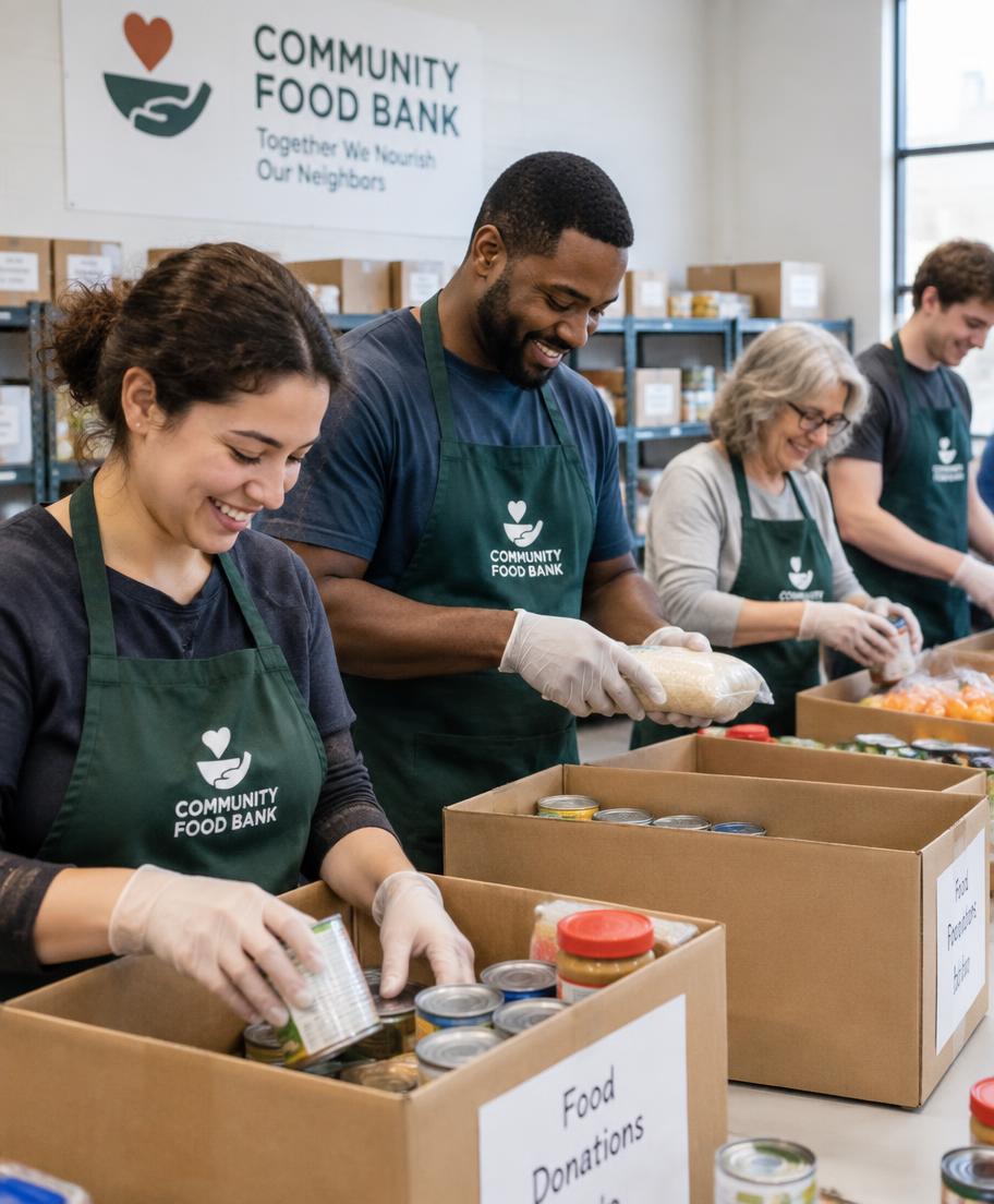 Volunteers sorting donations at a community food bank