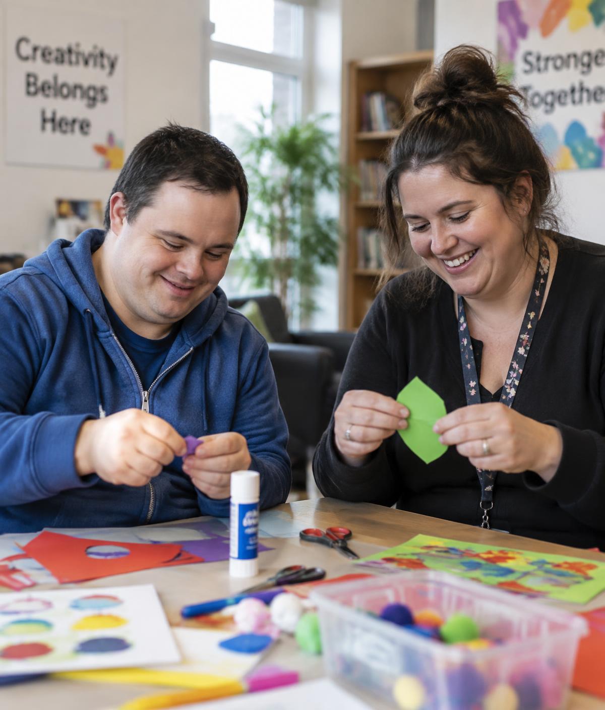 Two people working side by side on a craft project at a table